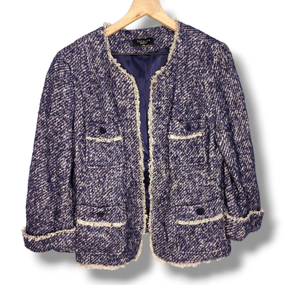 Talbots Blazer 14 Wool Mohair Alpaca Blue Tweed Open Front Office Lady Jacket